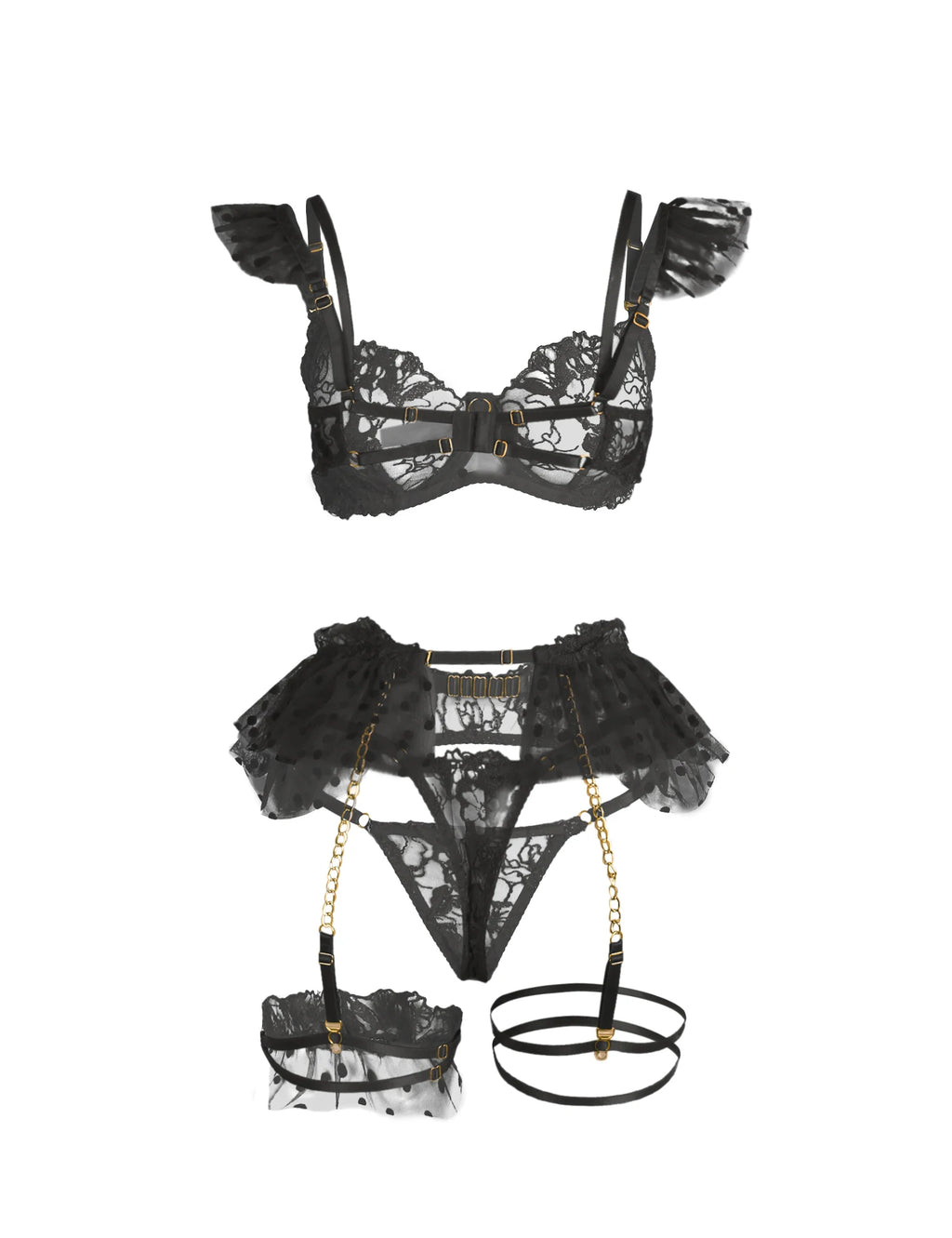 Bra Panty Set White Sexy Embroidery Lace Garter Belts Panties Leg Rings Erotic 2 piece Lingerie Set + Underwire Female Underwear