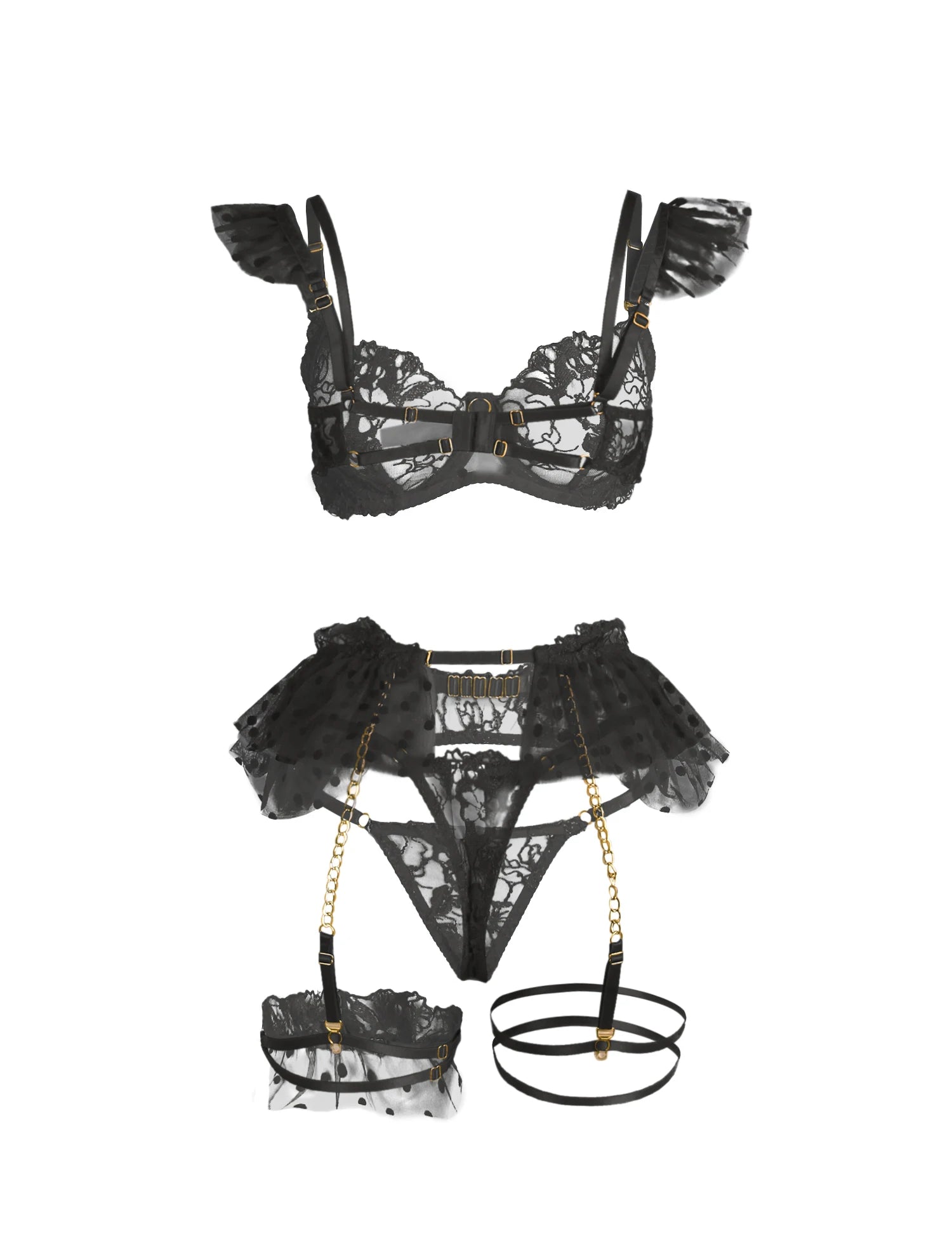 Bra Panty Set White Sexy Embroidery Lace Garter Belts Panties Leg Rings Erotic 2 piece Lingerie Set + Underwire Female Underwear