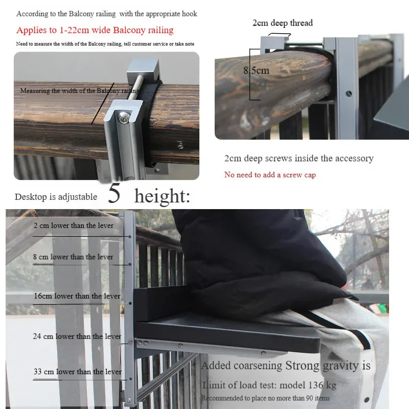 Aluminum Folding Table Hanging on Balcony Railing Waterproof & UV Protection Outdoor Patio Furniture Garden & Landscape Use