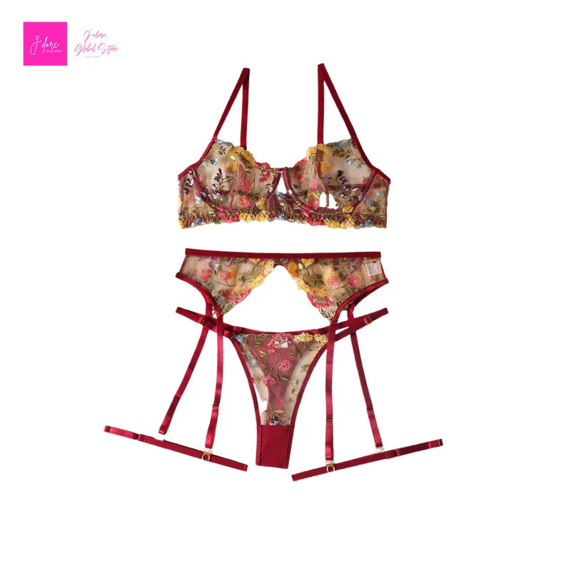 Lingerie Set Sensual Lace Underwear Transparent Embroidery 3 Pcs Garters Fancy Beautiful Short Skin Care Kits Intimate Bra Set