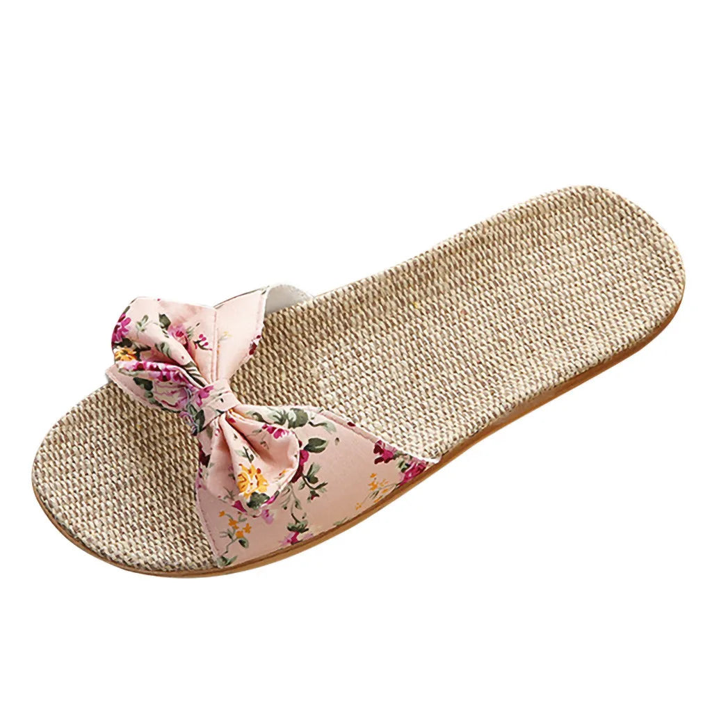 Shoes For Woman Sandalias Mujer Women Female Bowknot Flax Linen Flip Flops Beach Shoes Sandals Slipper Chaussures Femme