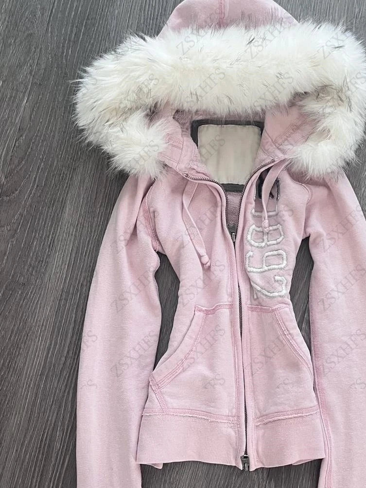 Hoodies Women Clothes 2000s Summer Pink Girly Fix Fox Aesthetic Kawaii Y2k Sweet Zip Up Hoodie Punk Loose Sweatshirt Coat Y2k