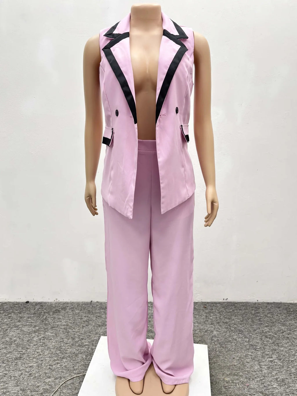 Pants Set Women Two Piece Sets Matching Sets Work Elegant Double Breasted Tops Vest Wide Leg Long Pants High Waist Y2k Pink
