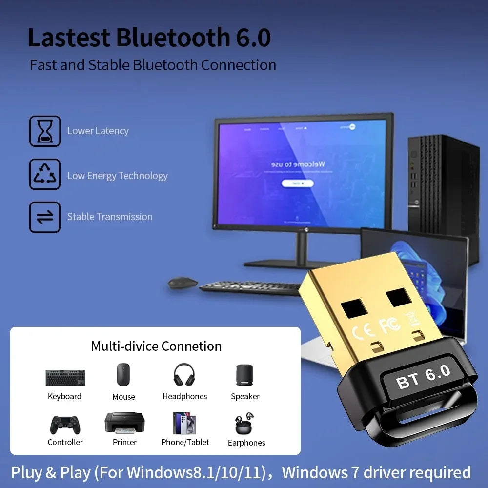 USB Bluetooth 6.0 5.4 Adapter Transmitter Bluetooth Receiver Audio Bluetooth Dongle Wireless USB Adapter for Computer PC Laptop