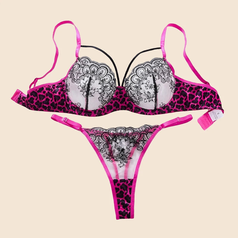Lingerie Sexy Hot Female Lace Underwear Transparent Bra Panty Set Three-point Underwear Pure Desire Leopard Print Lingerie Set