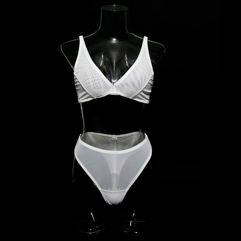Wirelss Comfortable Bra Brasil Pantie Lingerie Set Basic Solid Mesh Sheer Underwear Transparent Intimate Seducing Lenceria