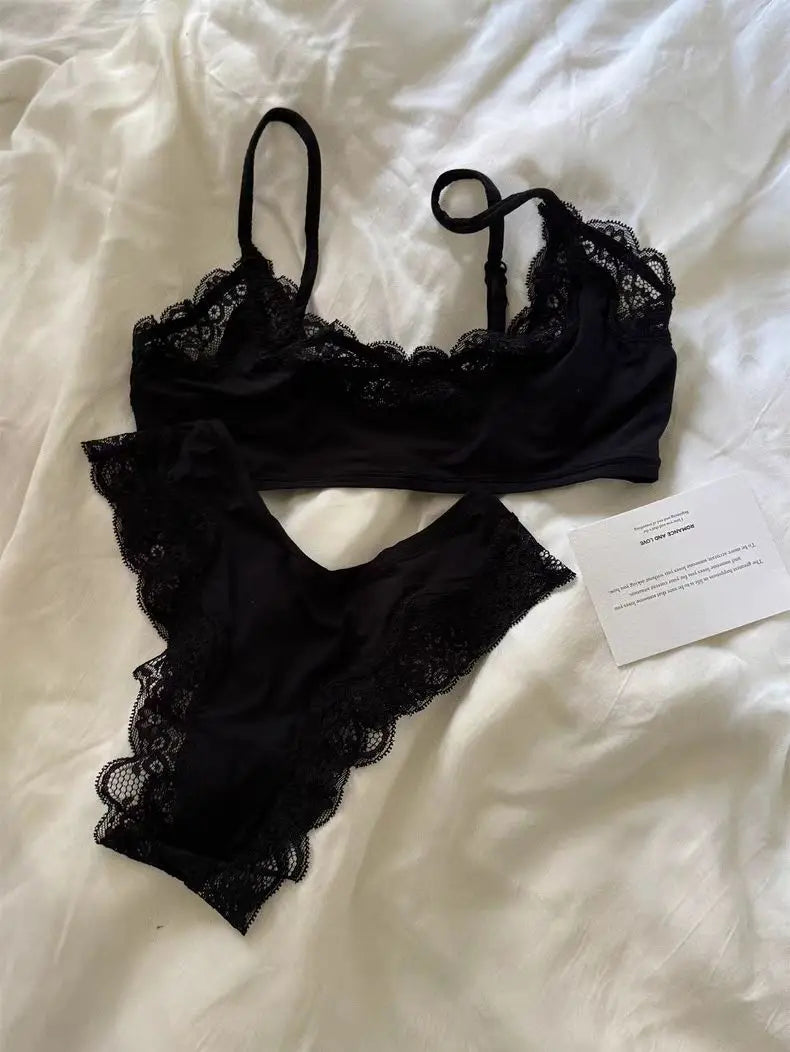 Lace Bra Set Woman Adjusted-strap Seamless Bras+Low Waist Panties Female Casual Simple Solid High Elasticity Lingerie Sets
