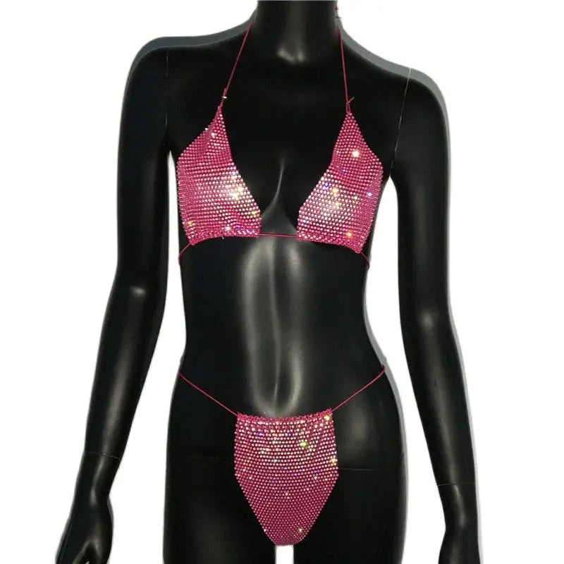 Bling Rhinestones Bra Panty Set Women Sexy Halter Bra Sexy Panty Two Piece Set Summer Beach Outfits Party Club Matching Sets
