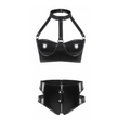 Womens Lingerie Intimates Underwear Set Rave Wet Look Patent Leather Wire-free No Padded Belly Bra Top with Zipper Panty Briefs
