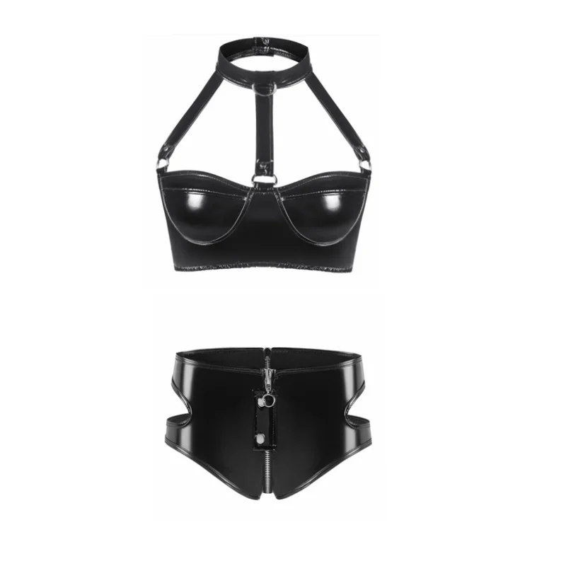 Womens Lingerie Intimates Underwear Set Rave Wet Look Patent Leather Wire-free No Padded Belly Bra Top with Zipper Panty Briefs