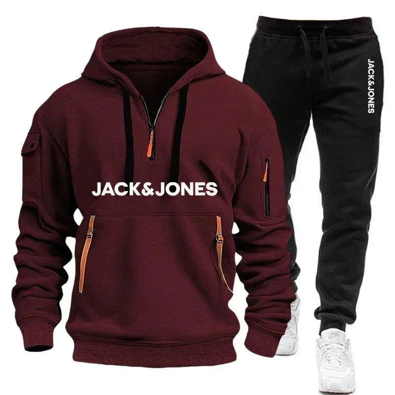 A two-piece outdoor fashion jogging and fitness set for men in autumn and winter, featuring a hooded sweatshirt and casual pants