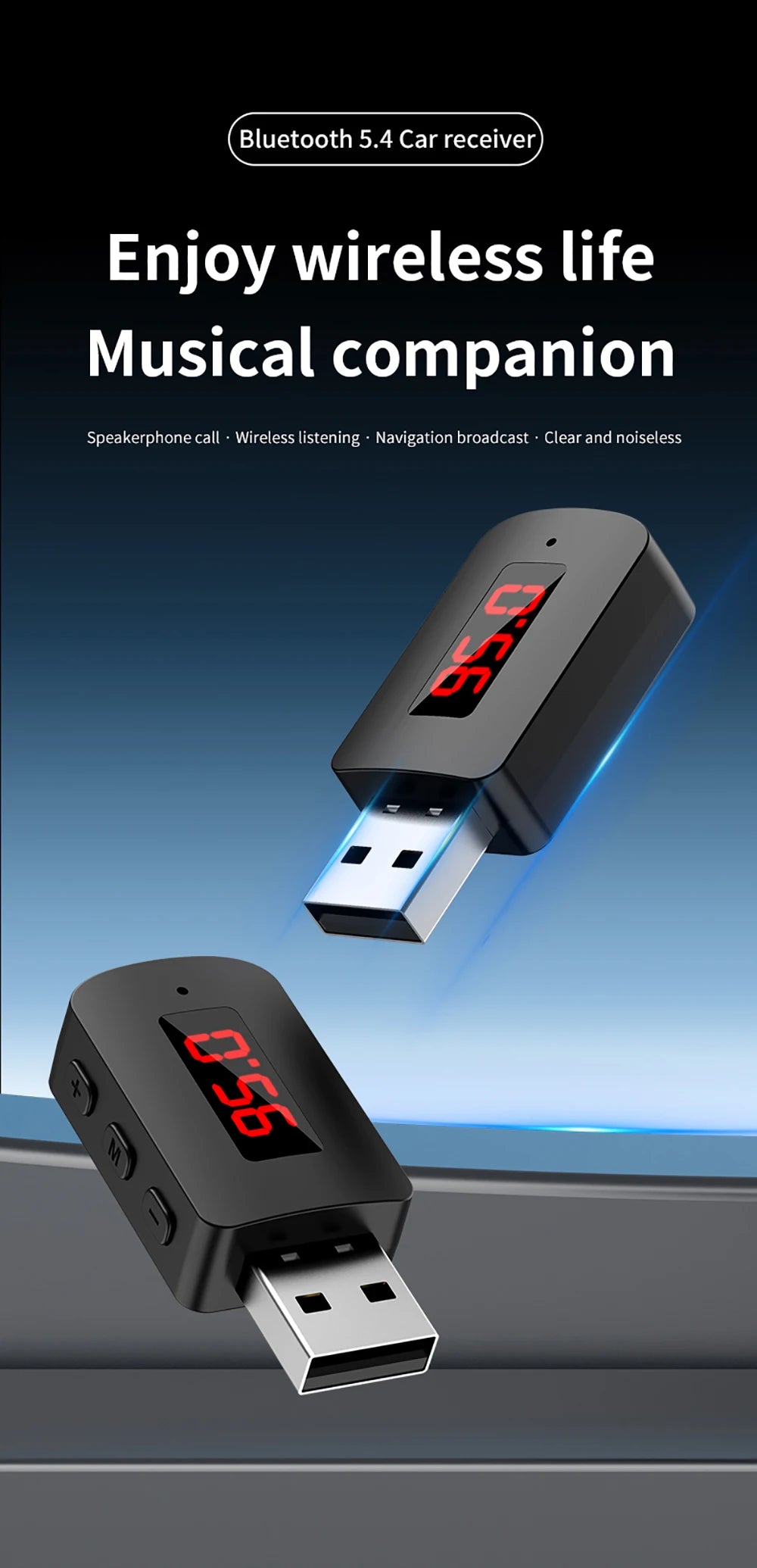 USB Bluetooth 5.3 5.4 Adapter USB Dongle Wireless Music Audio Receiver Transmitter Handsfree Call With Mic LED Display For Car