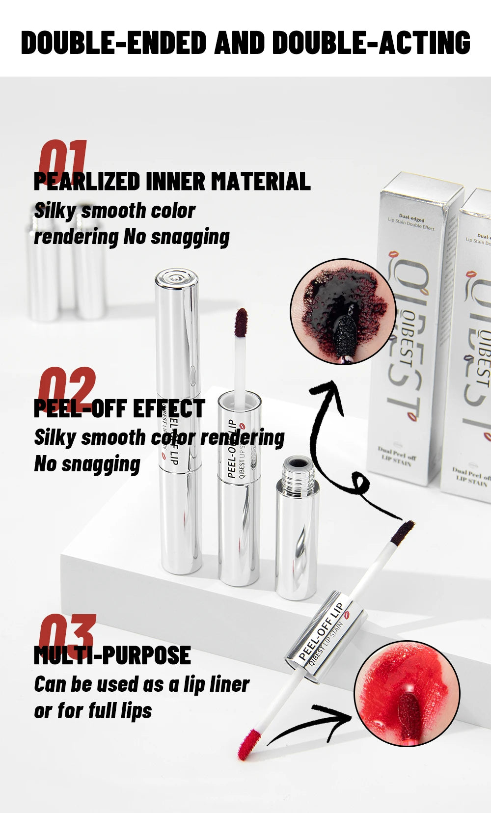 QIBEST Double Eneded Lip Stain Peel Off Long Lasting Waterproof Pink Lip Tint Transfer Proof Natural Lip Stain Tear Off Lipgloss