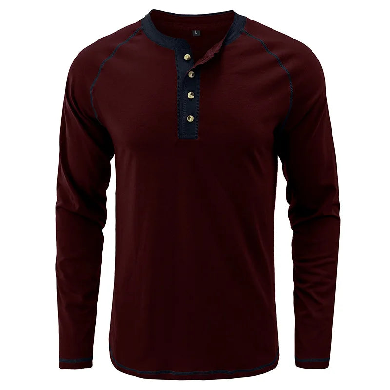 Summer  Autumn Men's American Heavy Cotton Henry Shirt  Long Sleeve Fitness Tough Guy T-Shirt Casual  T Shirt for Men Clothing