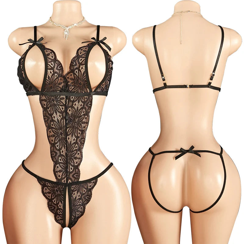 Female Sexy Lingerie Mesh Lace Floral Print Bra Set Teddy Crotchless Bodysuits For Plus Size Women Erotic Open Bra Underwear Set