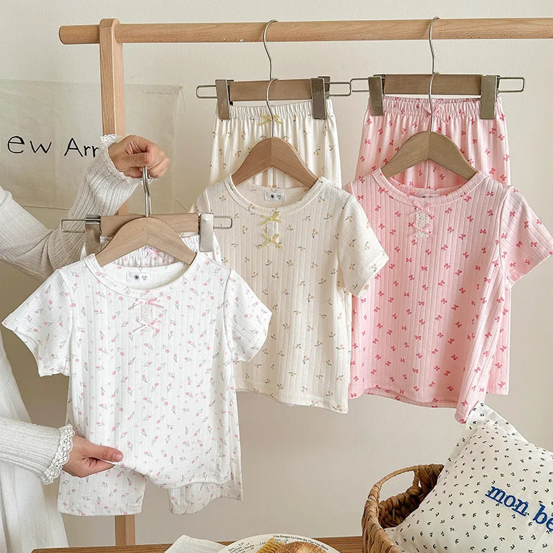 Summer New Girl's Clothes Korean Version Floral Short Sleeve T-shirt+Long Pants Home Wear Two Pieces Set Breathable Clothes