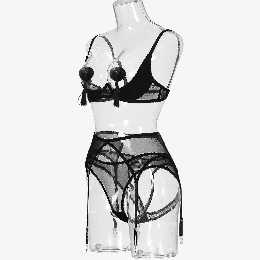 Bra Set Breast revealing deep V-shaped binding strap tassel hollow out sexy lingerie sexy set diamond girl bra and panties sets