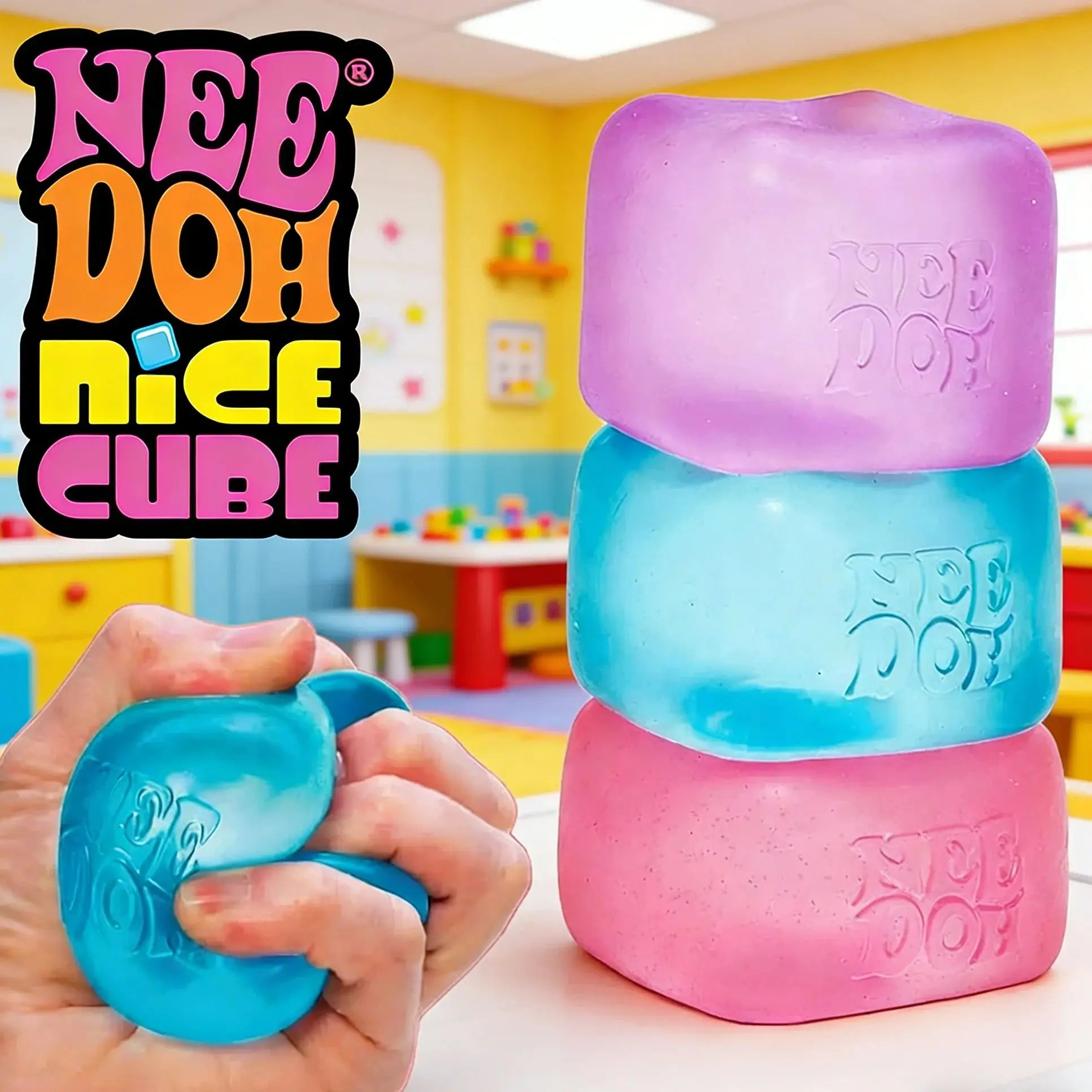 Needoh Nice Cube Antistress Sensoriale, Giocattolo per Ansia e Concentrazione, Cubo Sensoriale da Scrivania per Adulti e Bambini