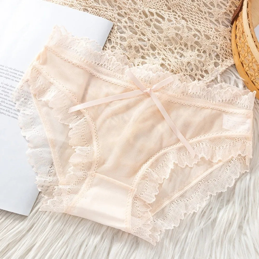 Lingerie Low Waist Lace Panties Ice Silk Bow Underwear for Women Cotton Crotch Seamless Panties Girl
