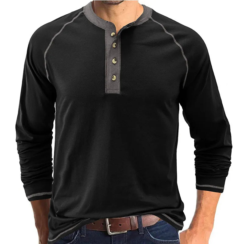 Summer  Autumn Men's American Heavy Cotton Henry Shirt  Long Sleeve Fitness Tough Guy T-Shirt Casual  T Shirt for Men Clothing