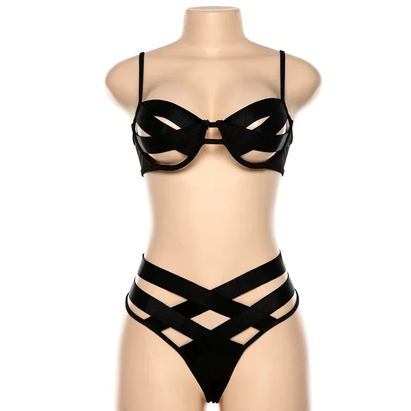Women's Sexy Bra Set Erotic Underwear String Transparent Bandage Hollow Bra Women's Party Set Exotic Style Bra Set