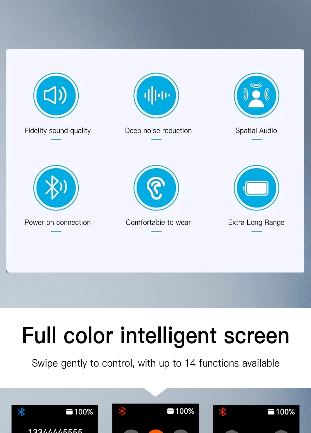 Wireless Earphones With Bluetooth 5.3 In-Ear Headphones Intelligent Noise Reduction Long Battery Life LED Color Screen Display