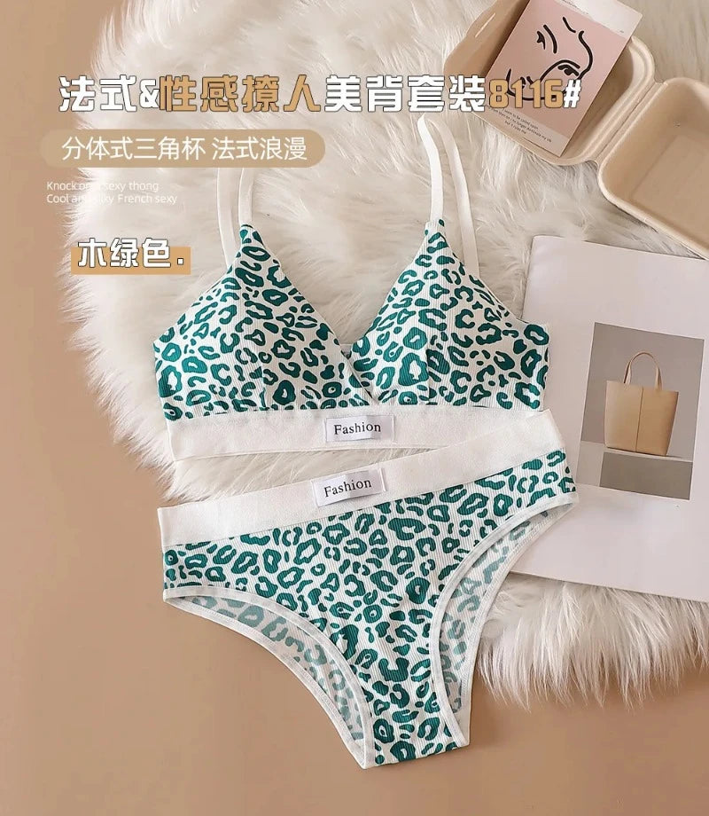 Women Seamless Bra Set Low Waist Panties Leopard Bralette Sexy Lingerie Set Vneck Sport Brassiere Female Cotton Underwear Set