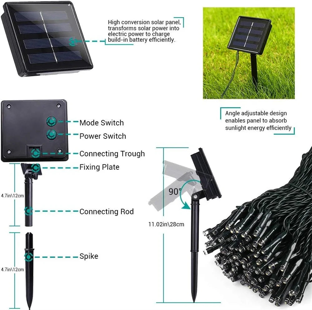 Solar Christmas Lights Solar String Lights Outdoor Waterproof Green Wire with 8 Modes Christmas Tree Lights Garden Lawn Decor