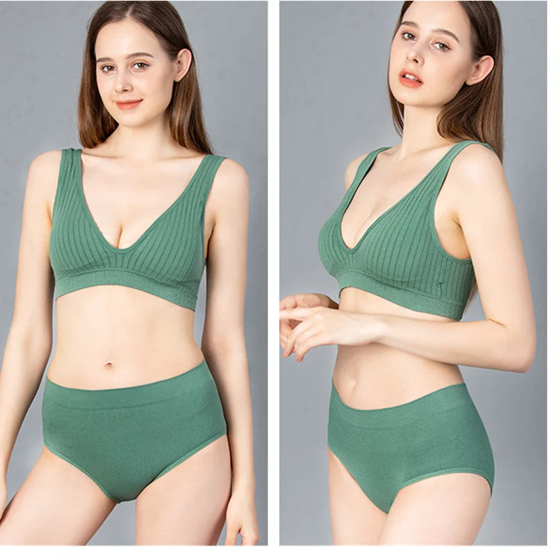 Women's Underwear Set Seamless Bra And Panties Set Female Wirefree Brassiere Sports High Waist Briefs V Neck Sexy Lingerie