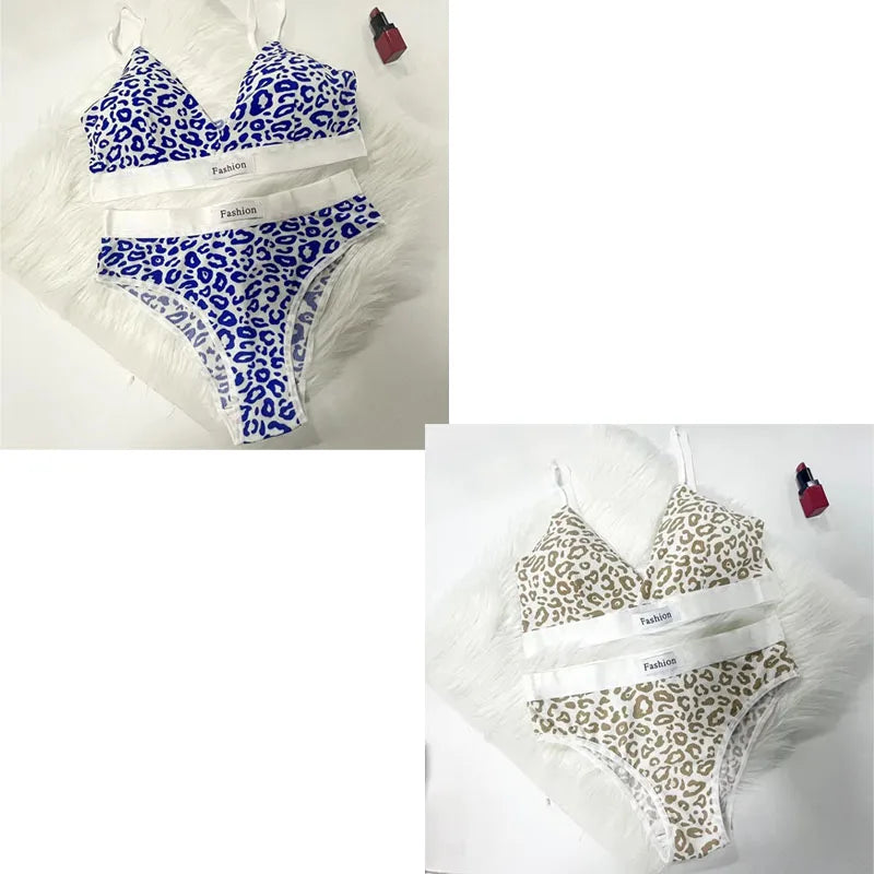 1/2/3/4Set Women Seamless Bra Set Low Waist Panties Leopard Bralette Sexy Vneck Sport Brassiere Female Cotton Underwear Set