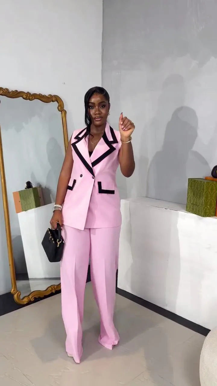 Pants Set Women Two Piece Sets Matching Sets Work Elegant Double Breasted Tops Vest Wide Leg Long Pants High Waist Y2k Pink