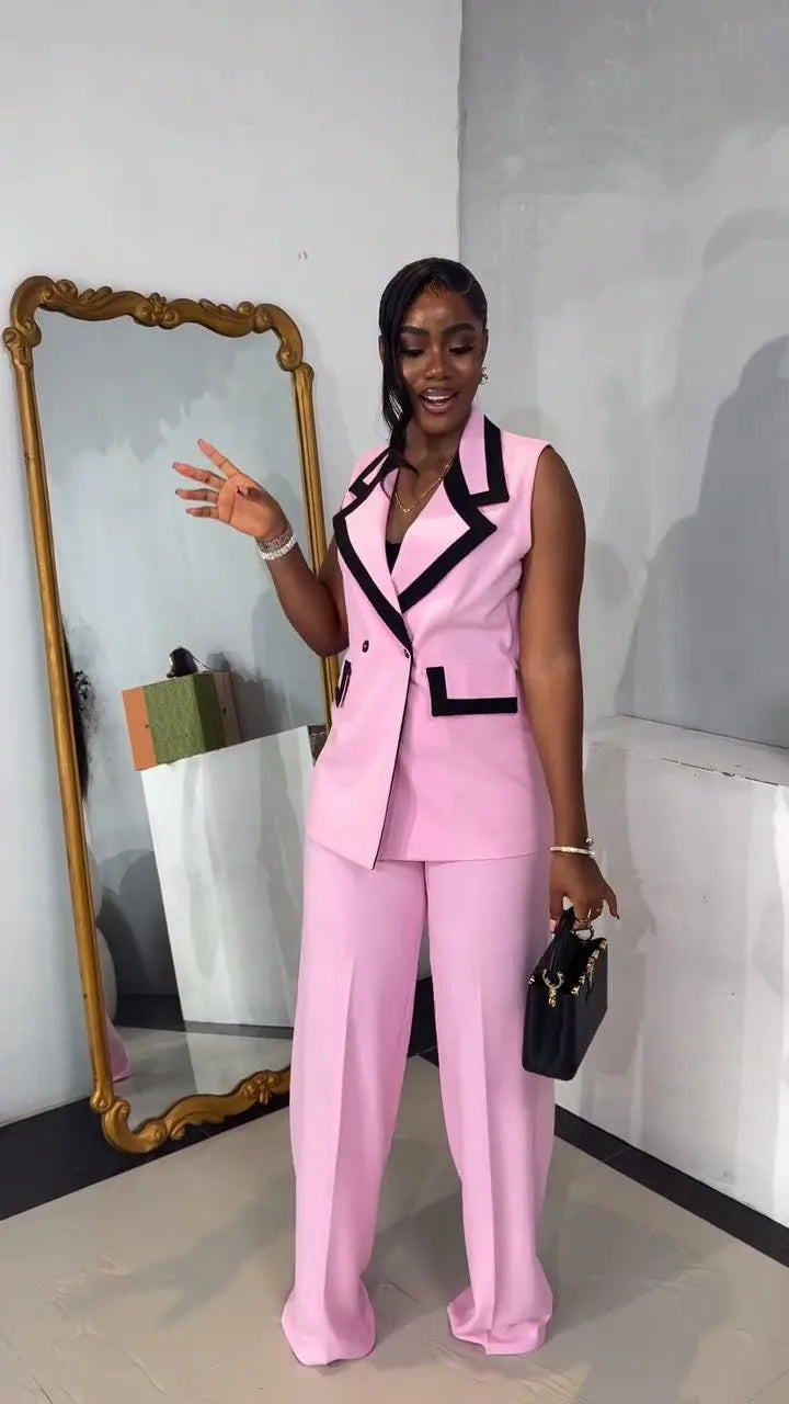 Pants Set Women Two Piece Sets Matching Sets Work Elegant Double Breasted Tops Vest Wide Leg Long Pants High Waist Y2k Pink