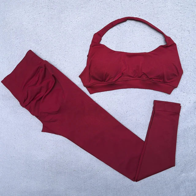 2 Pieces Yoga Set Women Seamless Scrunch Leggings Set Halter Sports Bra Fitness Gym Set Workout Clothes Sportswear