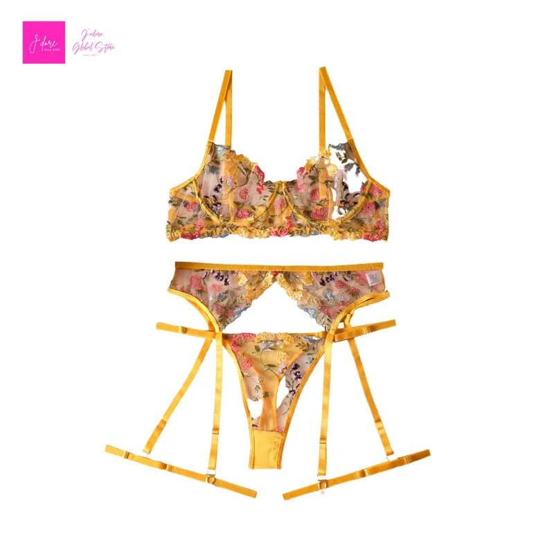 Lingerie Set Sensual Lace Underwear Transparent Embroidery 3 Pcs Garters Fancy Beautiful Short Skin Care Kits Intimate Bra Set