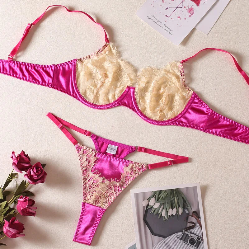 Women Bra and Briefs Sets Lace Flower Embroidery Sexy Perspective Underwire Erotic Lingerie Panty Two-Piece Underwear Set 2026