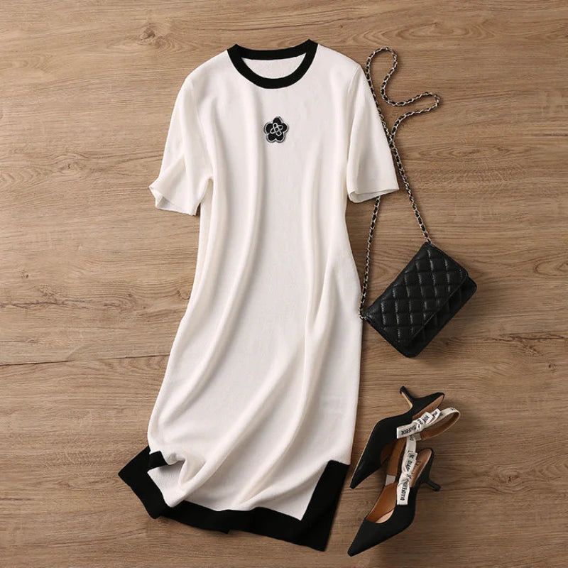Summer Dresses Ladies 2023 Luxury Designer Rose Embroidery Split T shirt Long Ice Silk Straight Maternity Dress Women's Clothing