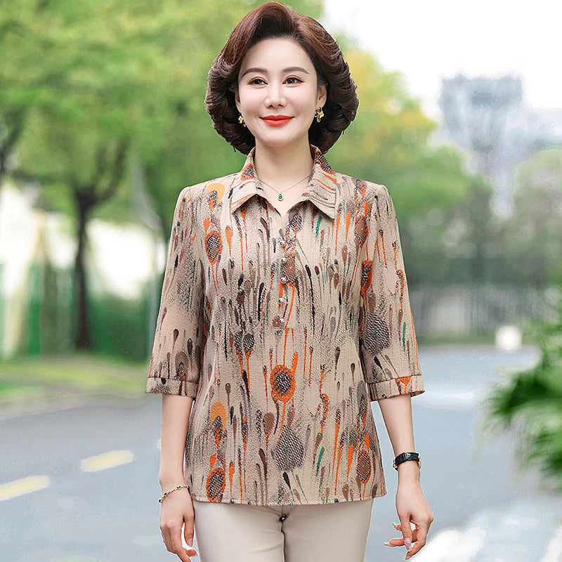 Summer Plus Size Shirt For Women's 2025 Printed Loose Top Mulberry Silk Blended Vacation Work Women's Clothing