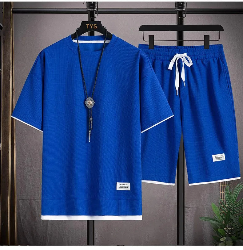 2025 Men's Sports Set Casual T-shirt and Shorts Loose and Comfortable Summer Waffle Set Jogging Set