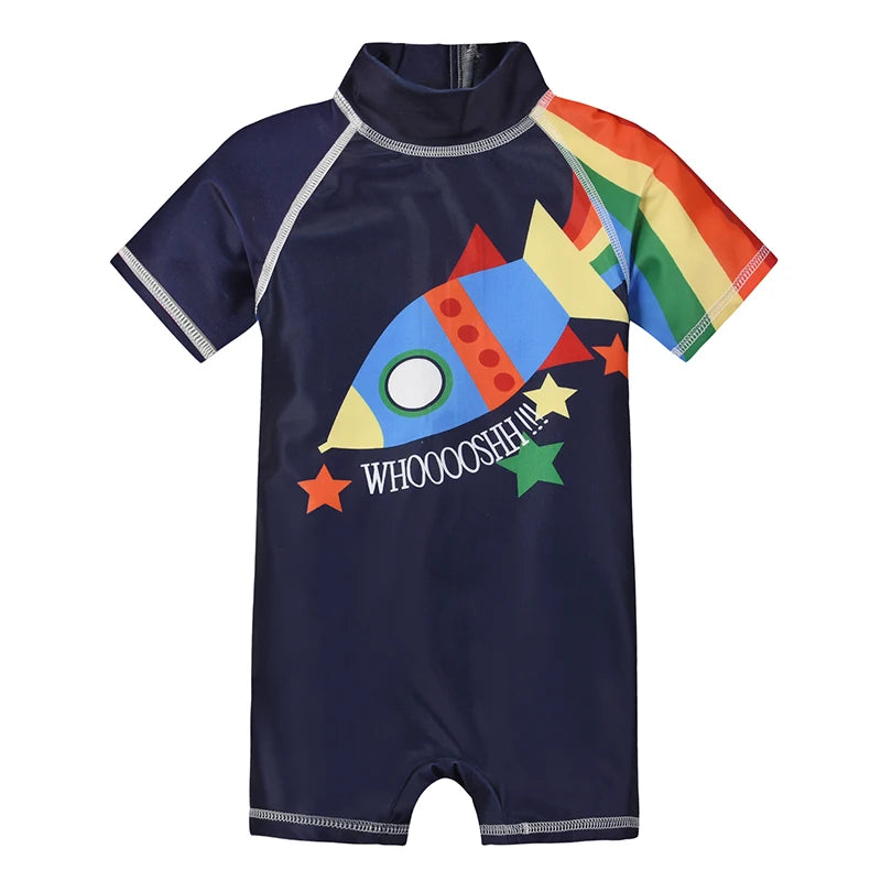 Summer Baby boy Short Sleeved Swimwear Sunscreen High Elasticity Cartoon Printing Cute And Cool Out Doors Swimming Pool  Parti
