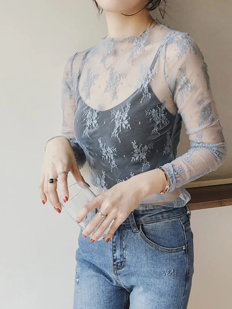 Summer Women Lace Floral Embroidery Blouses Shirt Ladies tops Sexy mesh Blouses Transparent Elegant See-through Black Shirt
