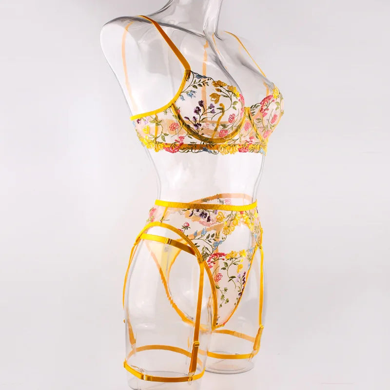 Lingerie Set Sensual Lace Underwear Transparent Embroidery 3 Pcs Garters Fancy Beautiful Short Skin Care Kits Intimate Bra Set