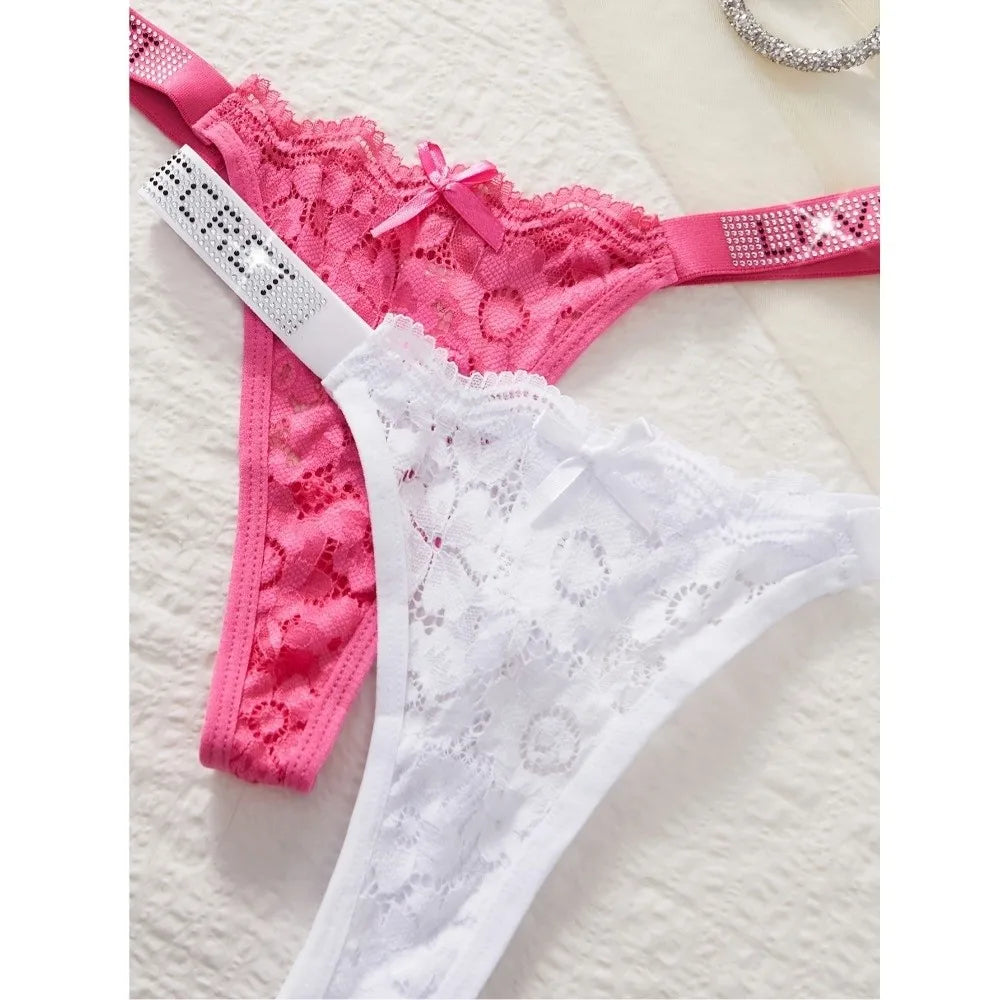 Lingerie Crystal Lace Flower Panties Low-waist Cotton Crotch Seamless Thong Underpants Embroidery Bikini Underwear Women Gifts