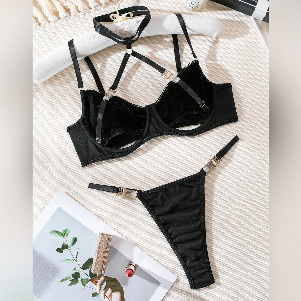 Cut Out Bra Set Women 2-piece Halter Bra + Brief Underwear Set 4 Color Velvet Sexy Intimates