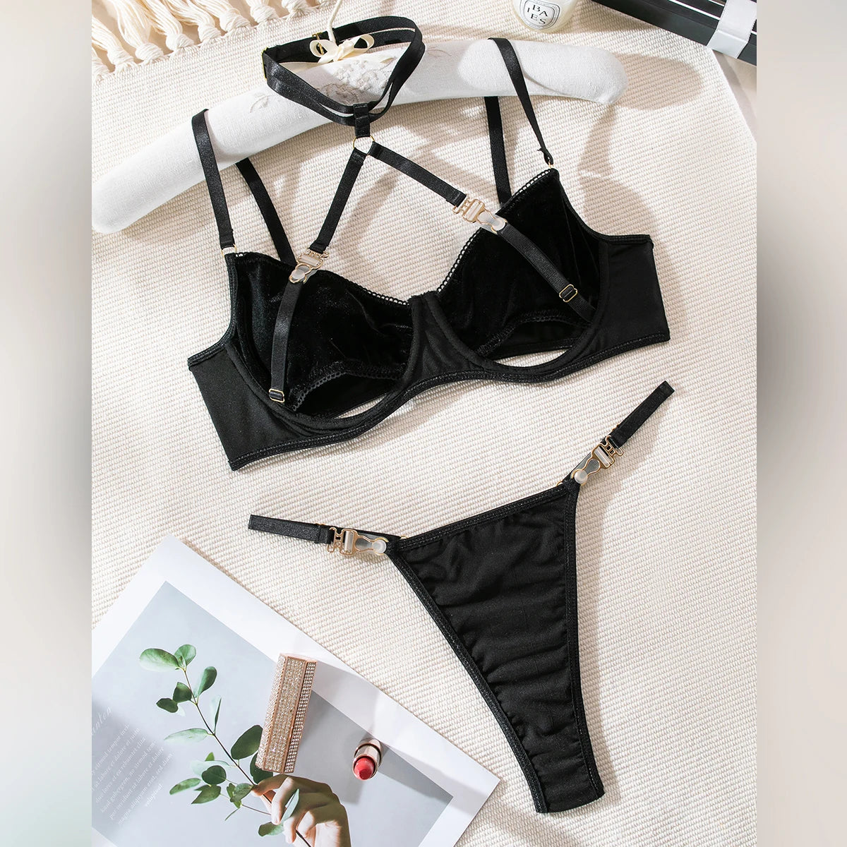 Cut Out Bra Set Women 2-piece Halter Bra + Brief Underwear Set 4 Color Velvet Sexy Intimates