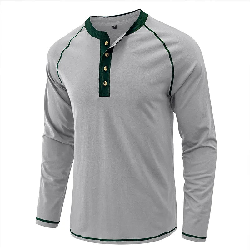 Summer  Autumn Men's American Heavy Cotton Henry Shirt  Long Sleeve Fitness Tough Guy T-Shirt Casual  T Shirt for Men Clothing