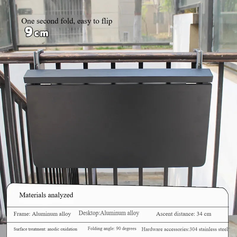Aluminum Folding Table Hanging on Balcony Railing Waterproof & UV Protection Outdoor Patio Furniture Garden & Landscape Use