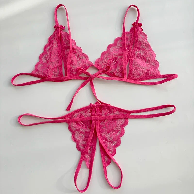 Sexy Lace-up Lingerie Set Women Hot Open Crotch Transparent Sexy Bra and Panty Sets Sex Temptation Erotic Couples Date Underwear
