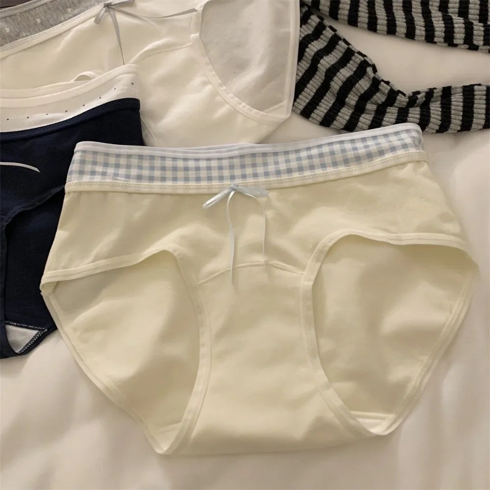 Lingerie Mid-waist Underwear for Women Large Size Bow Women's Sweet Panties Patchwork Underpants Cotton Briefs Summer