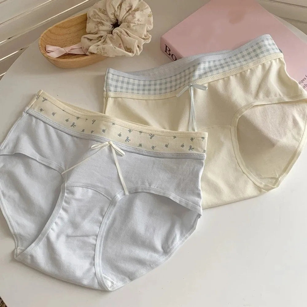 Lingerie Mid-waist Underwear for Women Large Size Bow Women's Sweet Panties Patchwork Underpants Cotton Briefs Summer