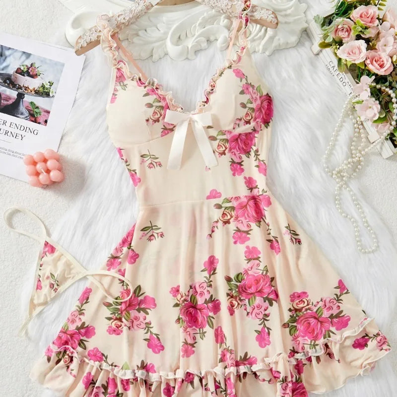 Women's Underwear Sexy Bra and Panties Sets Lace Ruffle Trim Lingerie Set Deep V Slip Dress Thongs Plus Size Floral Bow Bra Sets